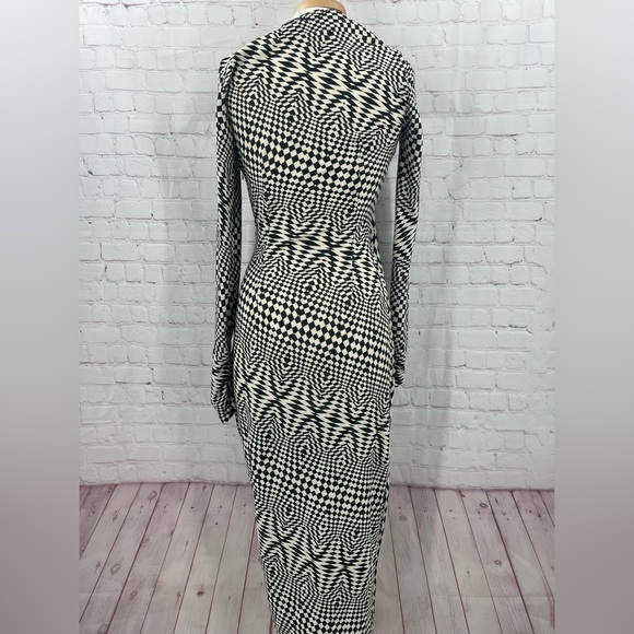 Zara Draped Black White Geometrical Checkered Retro Midi Long Sleeve Dress Small - Picture 3 of 13